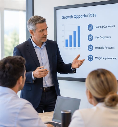 Senior sales leader planning strategy with an executive team