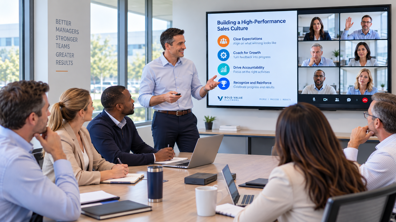Sales leader facilitating a team pipeline meeting in a bright conference room