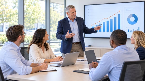 Sales manager and salesperson planning account strategy in front of a pipeline display