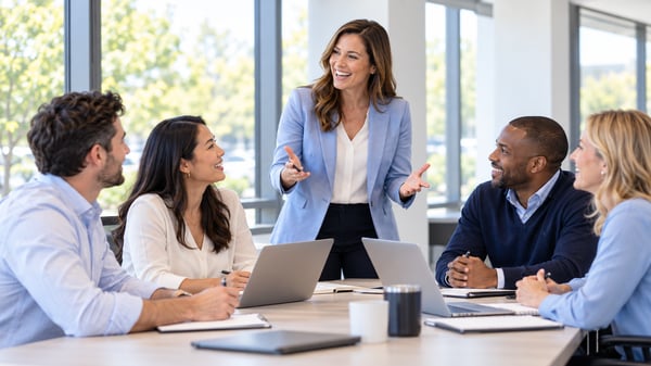 Manager and salesperson in a supportive performance conversation reviewing a laptop dashboard