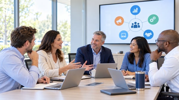 Cross-functional team from sales, marketing, and operations collaborating around a monitor