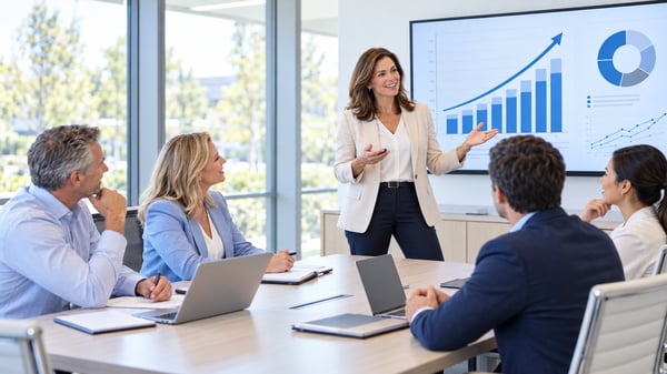 Sales leader presenting a 90-day growth plan to an executive team