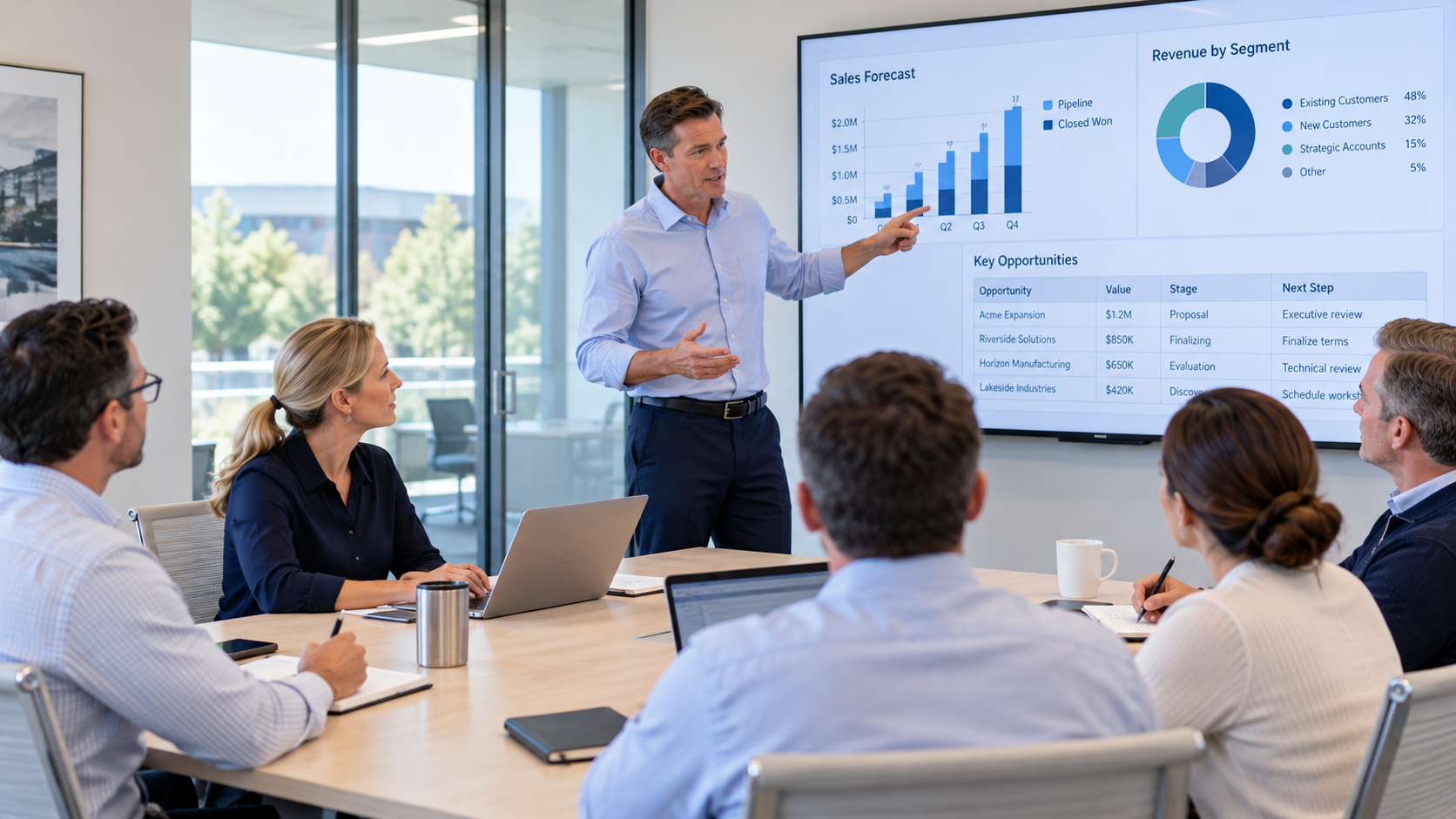 Sales leader reviewing sales priorities with a CEO in a bright office